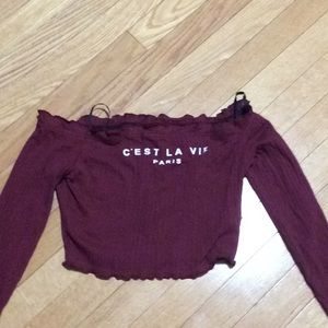 Wine red shoulder off crop top.